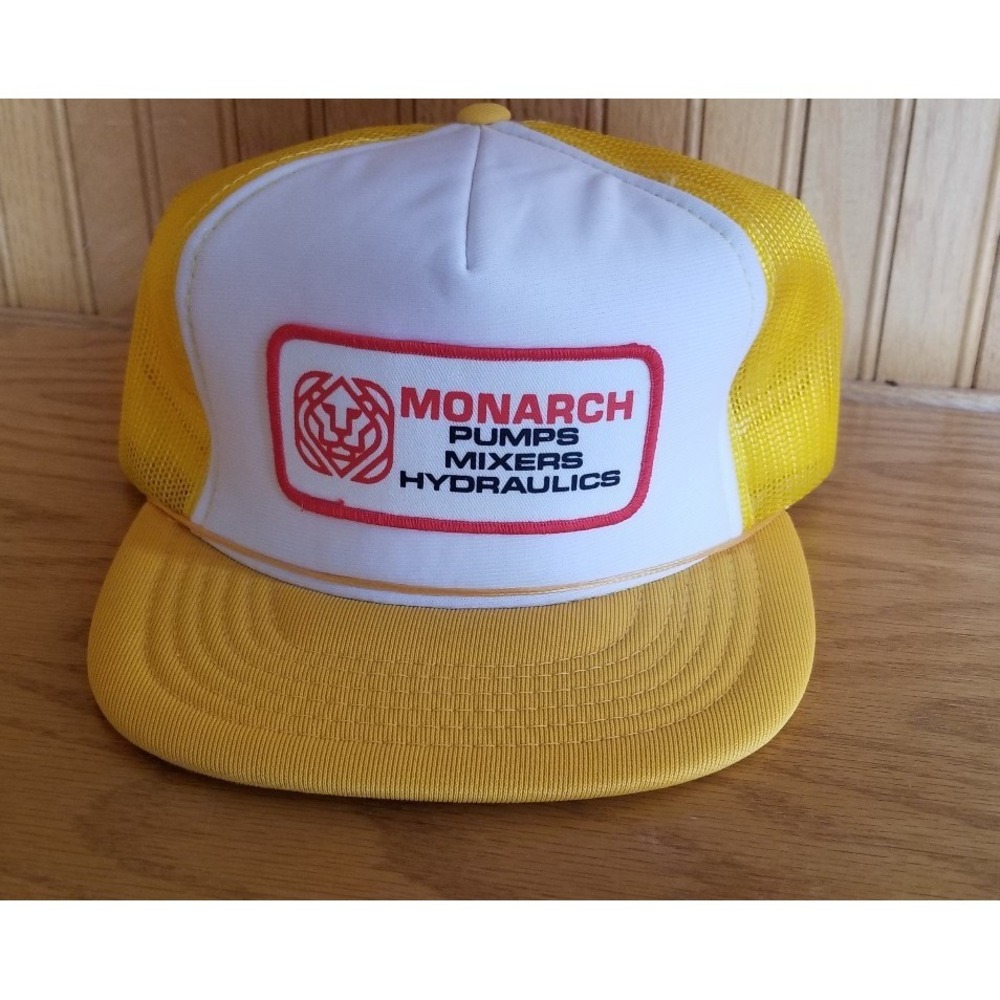 Vintage Monarch Yellow Trucker Hat Snapback Cap Pumps Mixers Hydraulics Flatbill